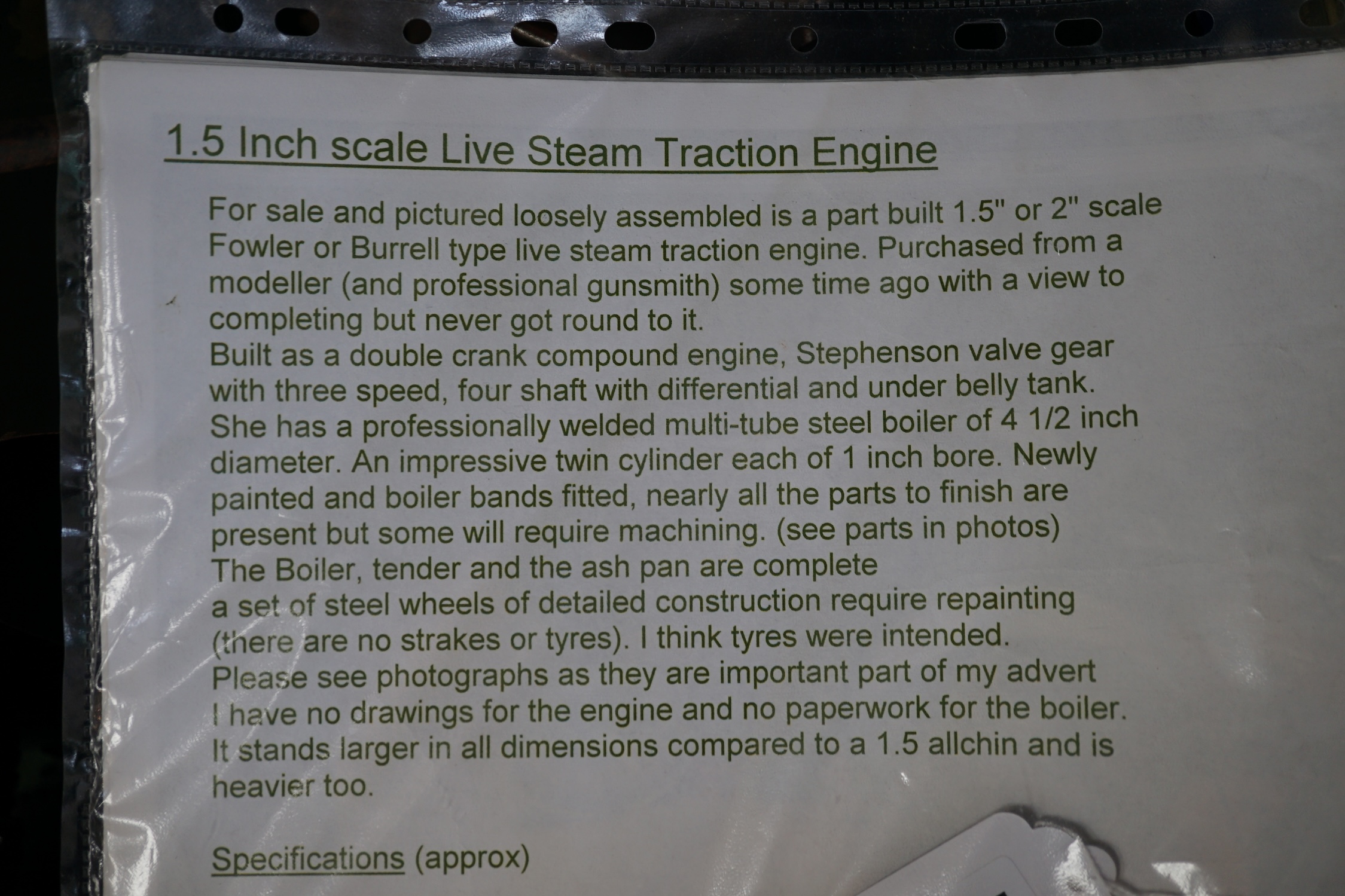 A deconstructed 1.5 inch scale Fowler live steam traction engine, the major parts appear to be present and it comes with photographs and a short description from when it was previously sold